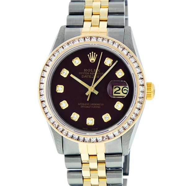 Rolex Mens 2 Tone Maroon Princess Cut Diamond Datejust Wristwatch