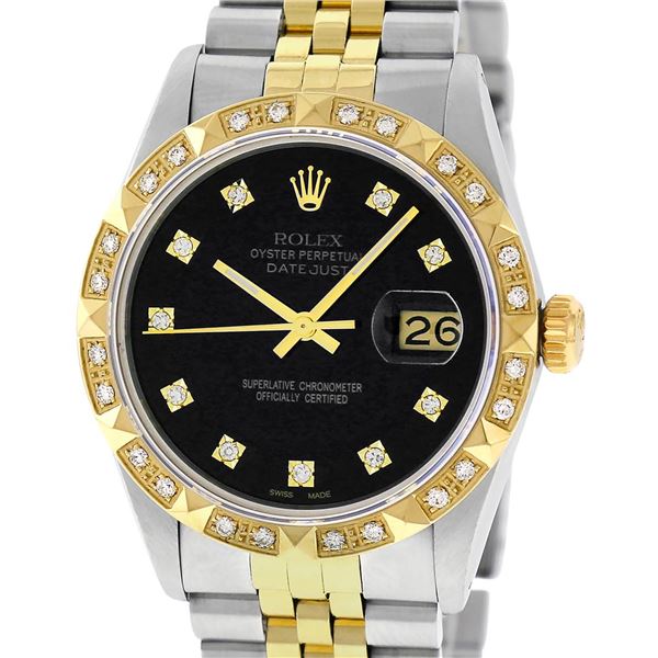 Rolex Mens 2 Tone Black Diamond Pyramid Bezel 36MM Datejust Wristwatch