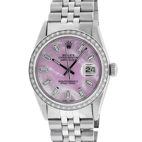 Rolex Mens Stainless Steel Pink MOP Baguette Diamond 36MM Datejust Wristwatch