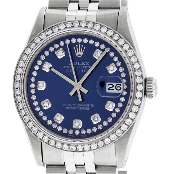 Rolex Mens Stainless Steel Blue String Diamond 36MM Datejust Wristwatch