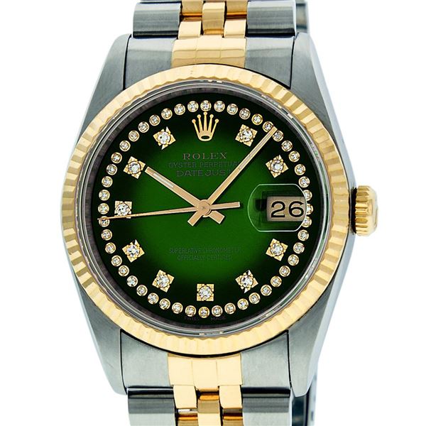 Rolex Mens 2 Tone Green Vignette VS Diamond 36MM Datejust Oyster Perpetual Wrist