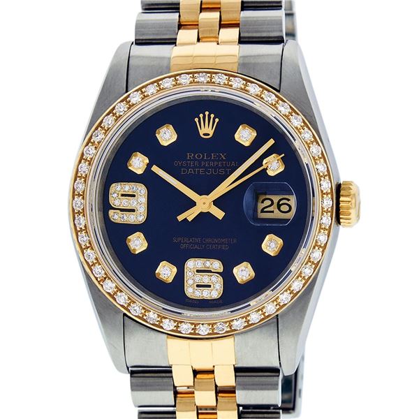 Rolex Mens 2 Tone Blue 6 & 9 Arabic Diamond 36MM Datejust Wristwatch