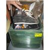 Image 1 : WOODEN BOX WITH MISC. SKATES, FLY TYING FEATHERS, SAFETY BLOWUP VEST, ETC.