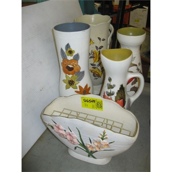 5 COLORFUL ENGLISH POTTERY VASES, HAND PAINTED