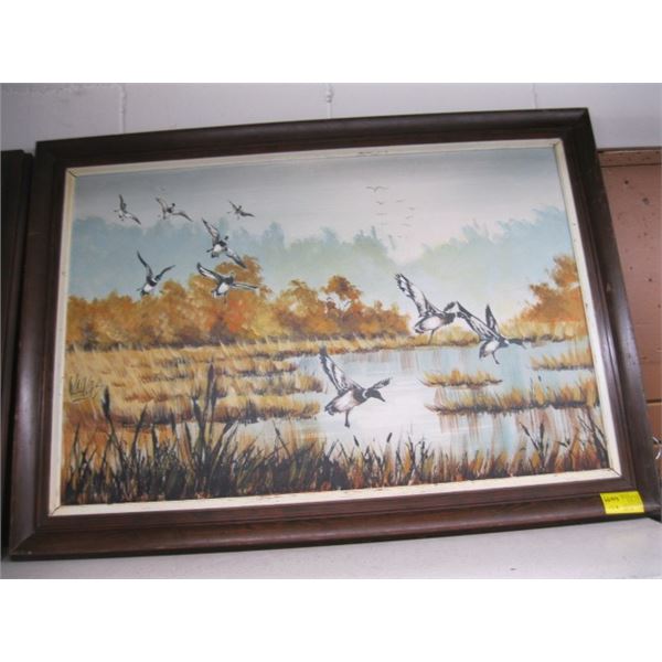 FRAMED PAINTING OF THE DUCKS LANDING