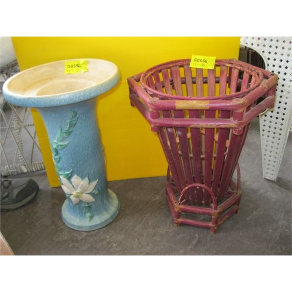 RATTAN PLANT STAND & USA POTTERY PLANT STAND