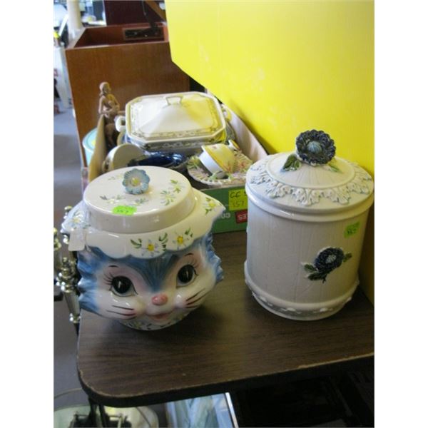 2 COOKIE JARS & BOX OF MISC. CHINA, TEA CUPS, SERVING DISH, PLATES, ETC.