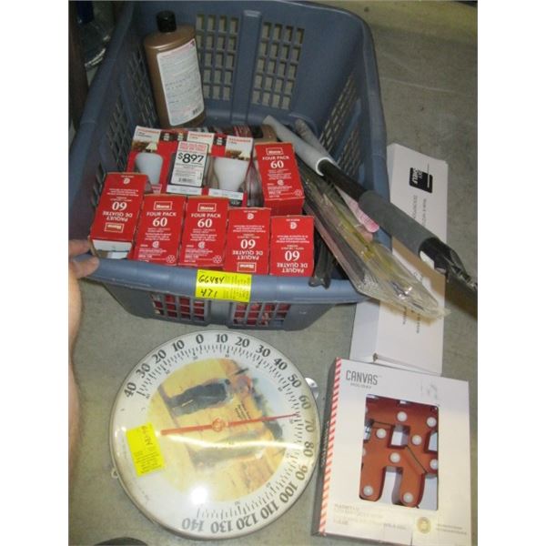 BOX OF MISC. LIGHTBULBS, THERMOMETER, ETC.