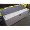 Image 1 : WHITE WOOD BOX WITH MISC. TOOLS, WOOD SIGN, ETC.