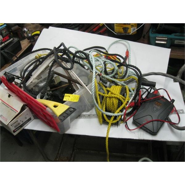 BIN OF MISC. HAND WINCH, EXTENSION CORD, ROPE, ETC.