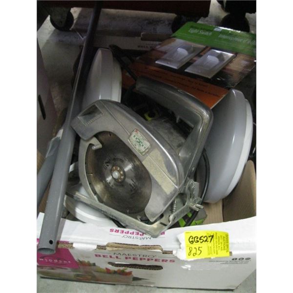 BOX OF MISC. CIRCULAR SAW, LIGHT FIXTURES, LIGHT SWITCHES, JIGSAW, ETC.