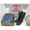 Image 1 : BOX OF MISC. CLOTHES & PAIR OF RUBBER BOOTS
