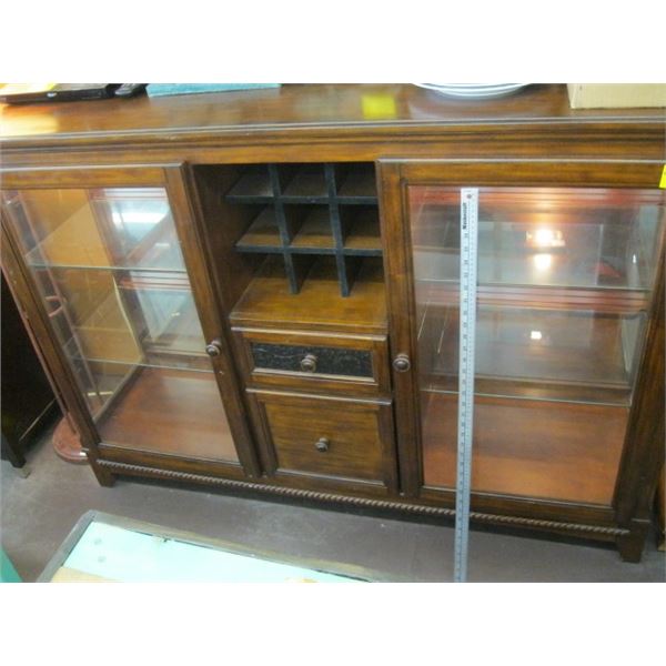 GLASS DOORED CABINET WITH DISPLAY ON EACH SIDE & WINE RACK IN CENTER