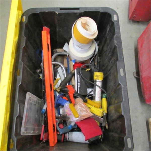 BIN OF MISC. TOOLS, LEVELS, SAWS, WIRE STRIPPERS, ETC.