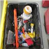 Image 1 : BIN OF MISC. TOOLS, LEVELS, SAWS, WIRE STRIPPERS, ETC.