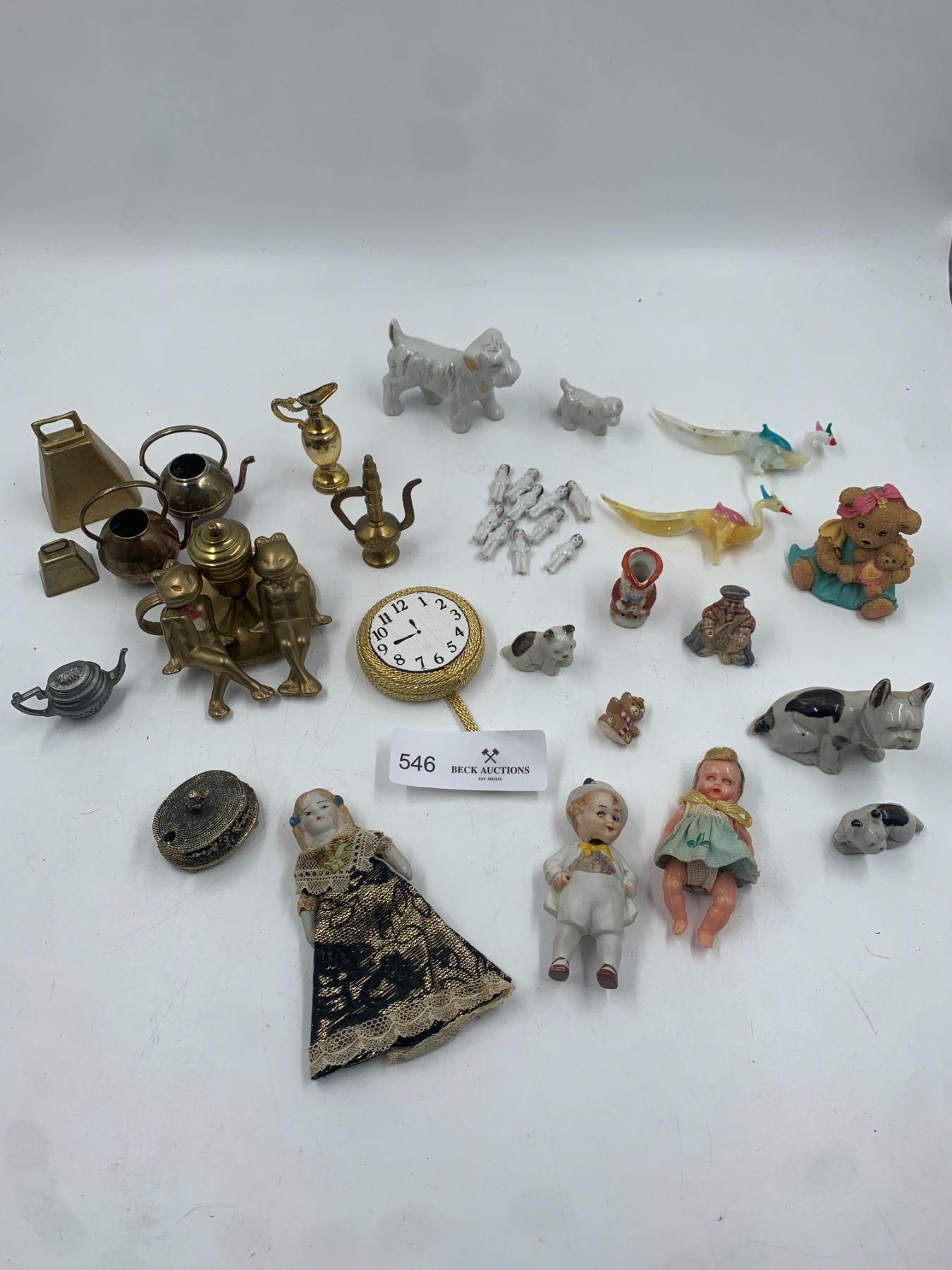 Assortment of Miniature Ceramic Dolls and Miniature Brass Doll Accessories