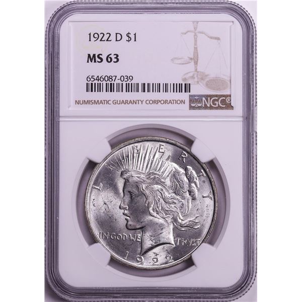 1922-D $1 Peace Silver Dollar Coin NGC MS63