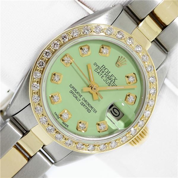 Rolex Ladies Two Tone Green Diamond Datejust Wristwatch