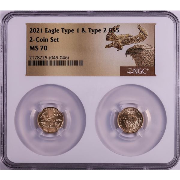 Set of 2021 Type 1 & Type 2 $5 American Gold Eagle Coins NGC MS70