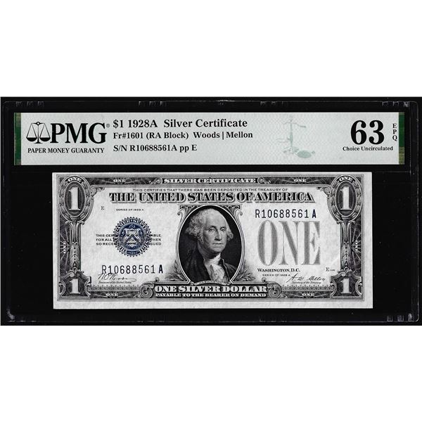 1928A $1 Funnyback Silver Certificate Note Fr.1601 PMG Choice Uncirculated 63EPQ