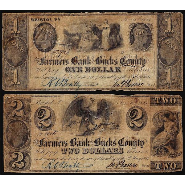 Lot of 1841 $1 & $2 Farmers Bank of Bucks County Bristol, PA Obsolete Bank Notes
