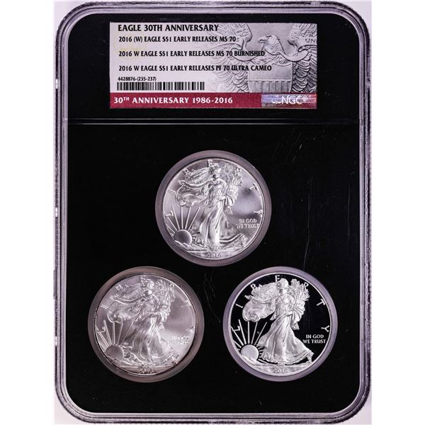 30th Anniversary 2016 $1 American Silver Eagle (3) Coin Set NGC MS70/PF70 Ultra Cameo