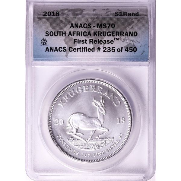 2018 South Africa Krugerrand Silver Coin ANACS MS70 First Release