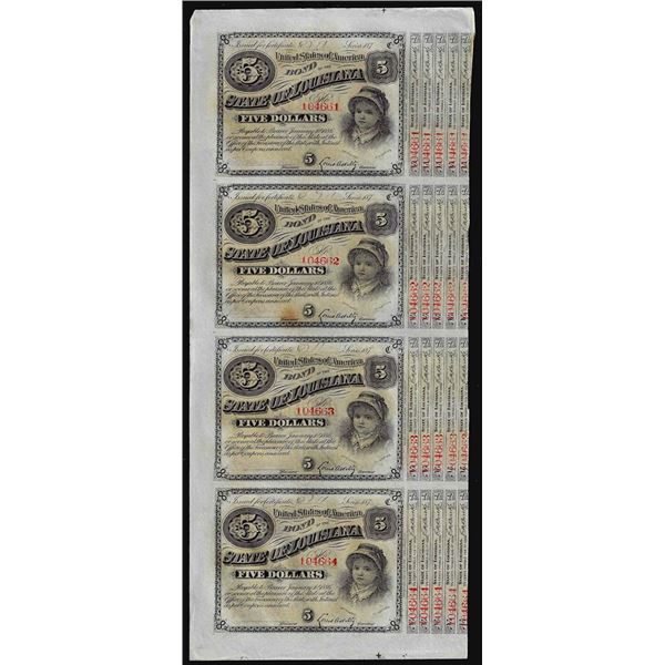 Uncut Sheet of (4) State of Louisiana Baby Bond Obsolete Notes