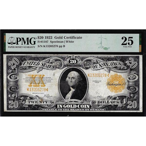 1922 $20 Gold Certificate Note Fr.1187 PMG Very Fine 25
