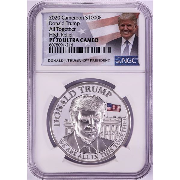 2020 Cameroon 1000 Francs High Relief Donald Trump Silver Coin NGC PF70 Ultra Cameo