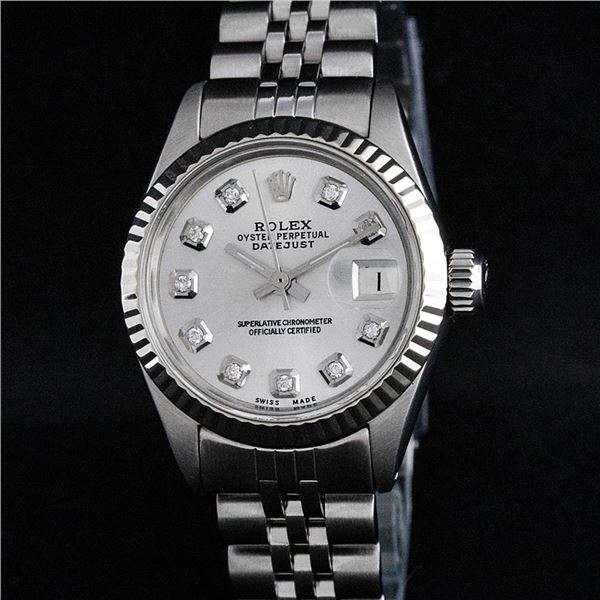 Rolex Ladies Stainless Steel Silver Diamond Datejust Wristwatch