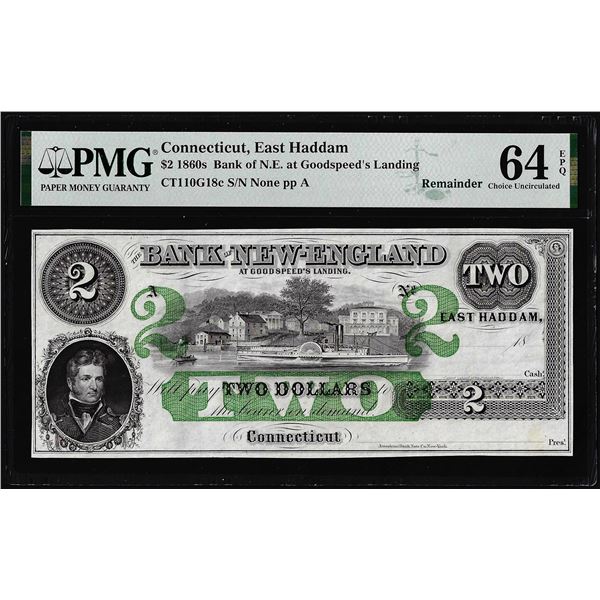 1860 $2 Bank of New England East Haddam, CT Obsolete Note PMG Ch. Uncirculated 64EPQ