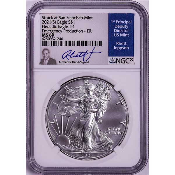 2021(S) Ty. 1 $1 American Silver Eagle Coin NGC MS69 Jeppson Signed Emergency Release