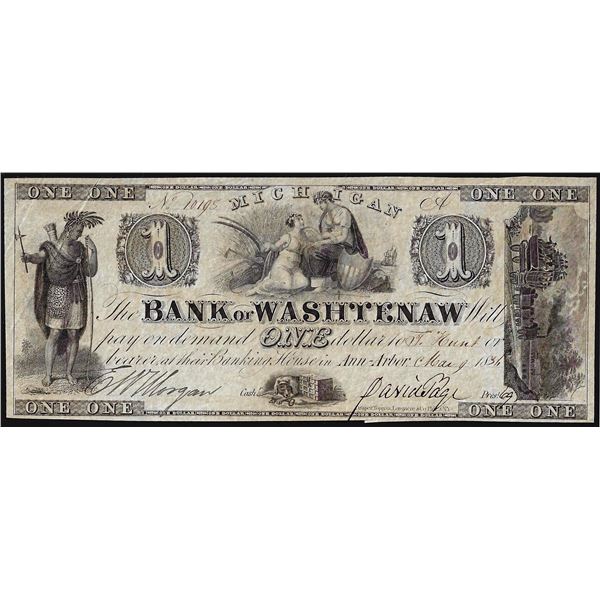 1836 $1 Bank of Washtenaw Ann Arbor, Michigan Obsolete Bank Note