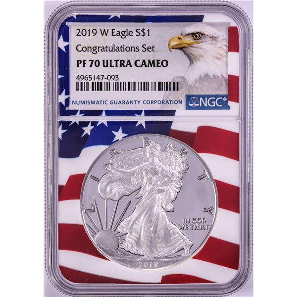 2019-W $1 Proof American Silver Eagle Coin NGC PF70 Ultra Cameo Congratulations Flag
