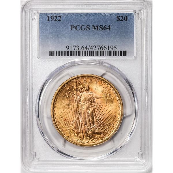 1922 $20 St. Gaudens Double Eagle Gold Coin PCGS MS64