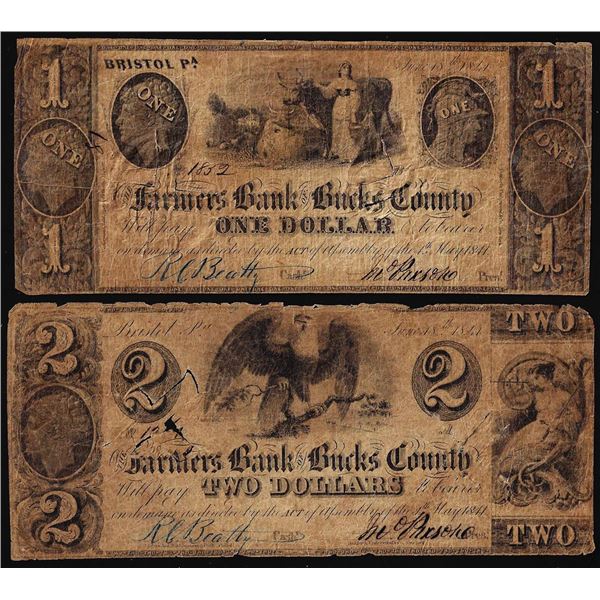 Lot of 1841 $1 & $2 Farmers Bank of Bucks County Bristol, PA Obsolete Bank Notes