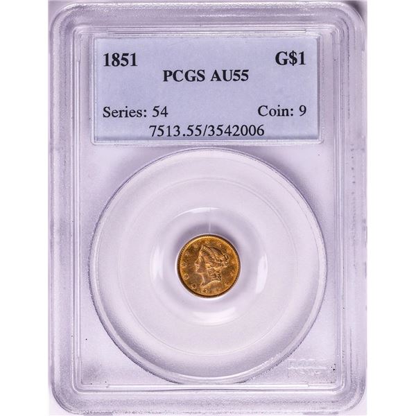1851 Type 1 $1 Liberty Head Gold Dollar Coin PCGS AU55