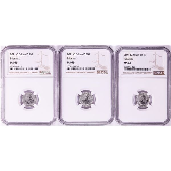 Lot of (3) 2021 Great Britain 10 Pounds Britannia 1/10oz Platinum Coins NGC MS69