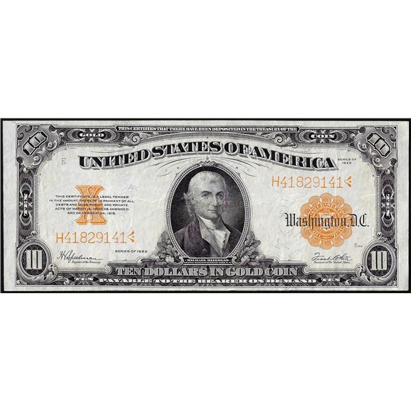 1922 $10 Gold Certificate Note