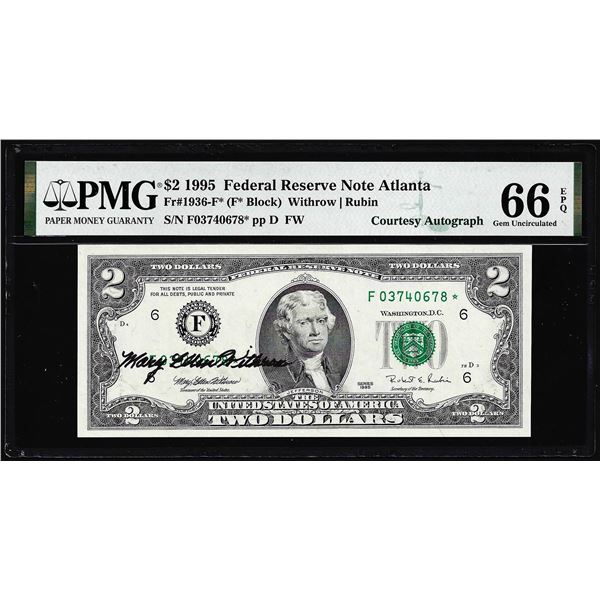 1995 $2 Federal Reserve Star Note Atlanta Courtesy Auto PMG Gem Uncirculated 66EPQ