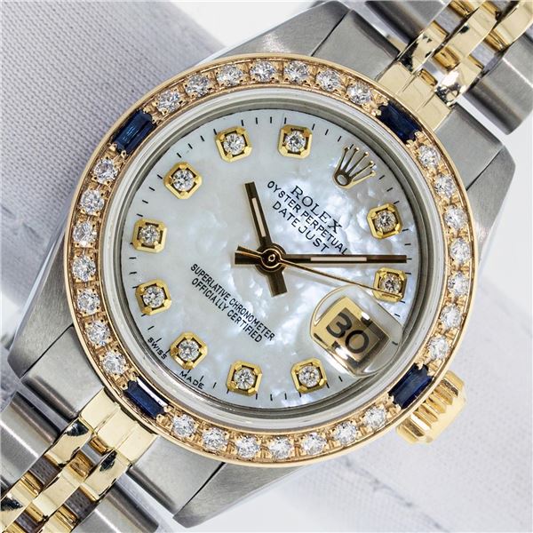 Rolex Ladies Two Tone Sapphire & Diamond Datejust Watch With Rolex Box