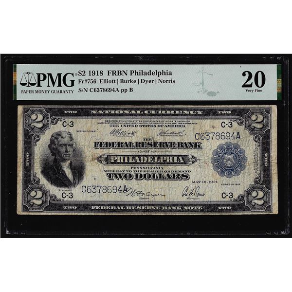 1918 $2 Battleship Federal Reserve Bank Note Philadelphia Fr.756 PMG Very Fine 20