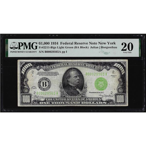 1934 $1,000 Federal Reserve Note New York Light Green Seal Fr.2211-B PMG Very Fine 20