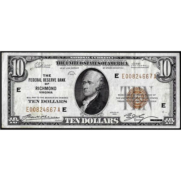 1929 $10 Federal Reserve Bank Note Richmond