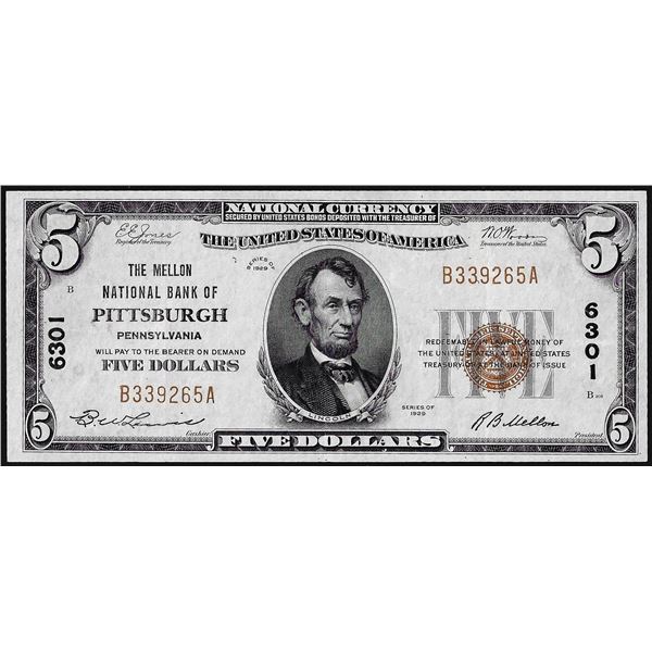 1929 $5 The Mellon NB of Pittsburgh, PA CH# 6301 National Currency Note
