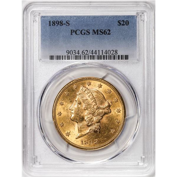 1898-S $20 Liberty Head Double Eagle Gold Coin PCGS MS62
