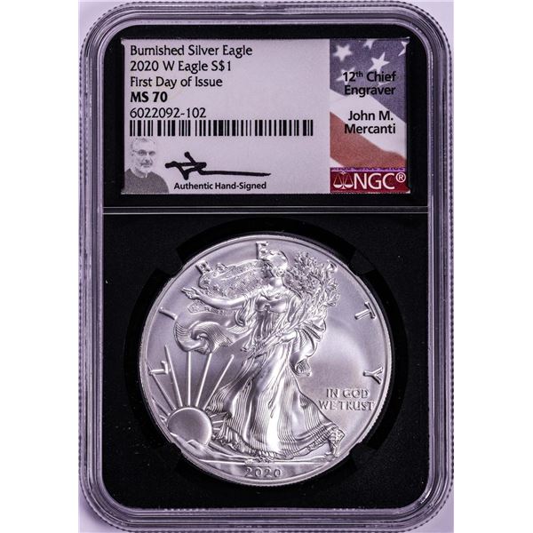 2020-W $1 Burnished American Silver Eagle Coin NGC MS70 Mercanti Signature