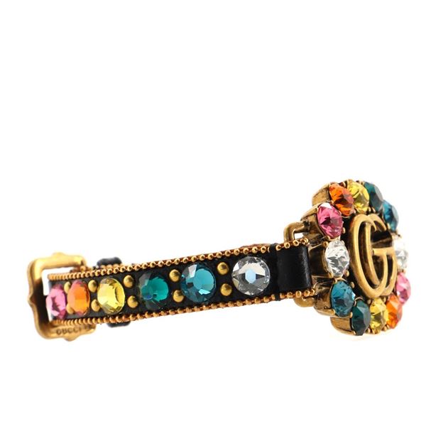 Gucci Black Multicolor Leather and Crystal Embellished Metal GG Cluster Bracelet