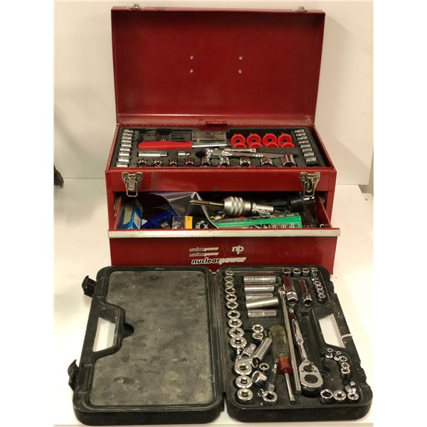 Red metal toolbox w/ contents & Husky socket set
